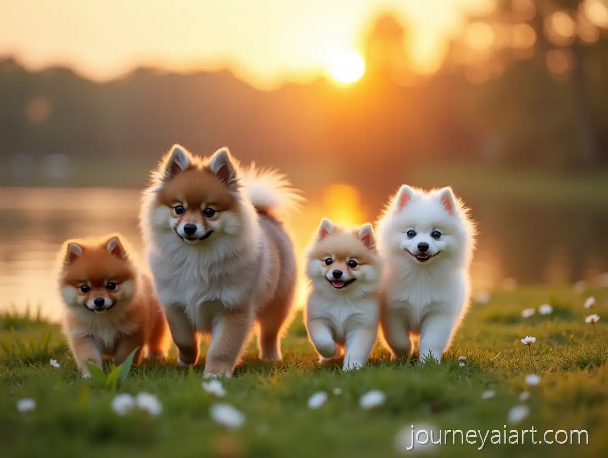 Family-of-Pomeranian-Spitz-DogsFamily-of-Pomeranians-at-Sunset-Walking-at-Sunset-by-the-Lake-with-Flowers