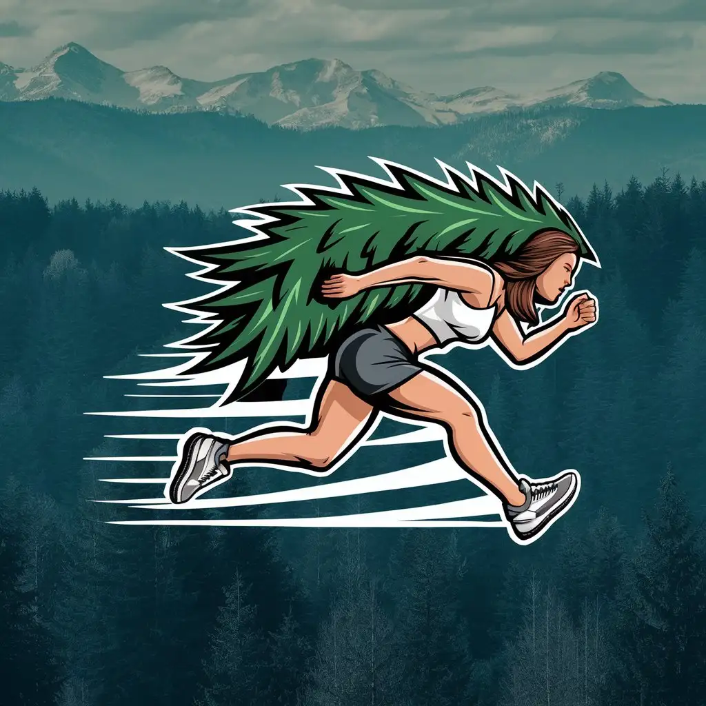 LOGO Design for Forest Girls Running Fir Tree with Female Legs in Sneakers Against a Forest and Mountain Background