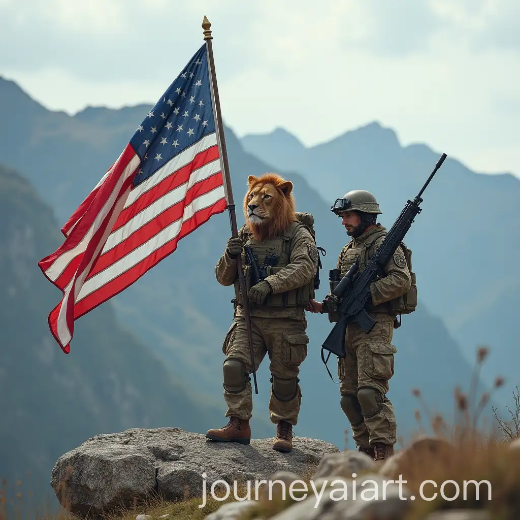 Hybrid-Lion-Soldier-and-Human-Soldier-at-Rocky-Mountain-Seaside