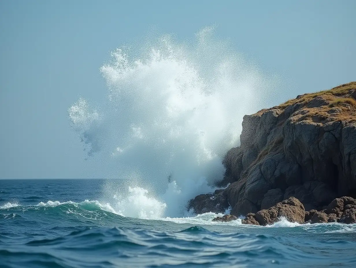 Dramatic Water Splash from Cliff into Coastal Rock