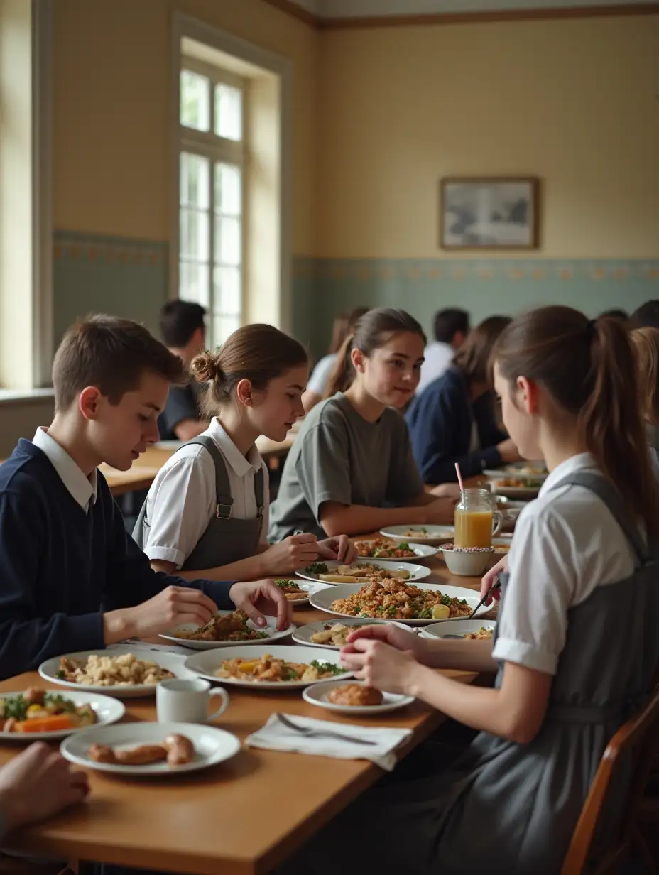 many 20 years male & female students in uniform & some of formal dress in college cafeteria with home made food