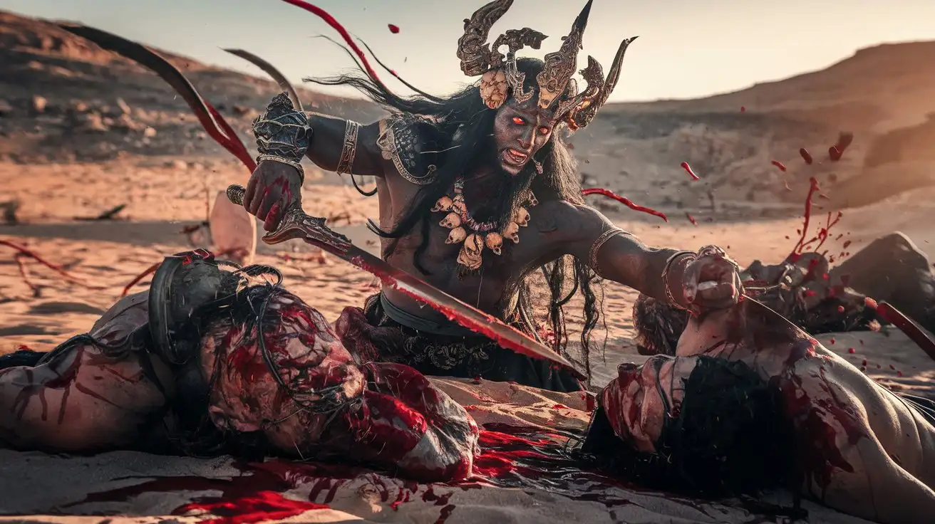 Ancient dark demon god with long hair wearing ancient ornaments, slashing enemies in an ancient desert battlefield, blood spilling, dramatic lighting, high detail, cinematic photograph, by Peter Mohrbacher and Greg Rutkowski, 8k resolution, dynamic composition, intense atmosphere, epic scale, vibrant color contrast, shadow playnNegative Prompt: blurry face, distorted limbs, modern elements, cartoonish style, low resolution