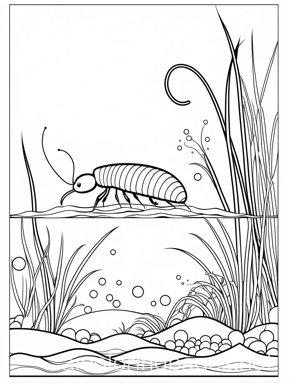 A caddisfly larva with a protective case, crawling underwater., Coloring Page, black and white, line art, white background, Simplicity, Ample White Space. The background of the coloring page is plain white to make it easy for young children to color within the lines. The outlines of all the subjects are easy to distinguish, making it simple for kids to color without too much difficulty
