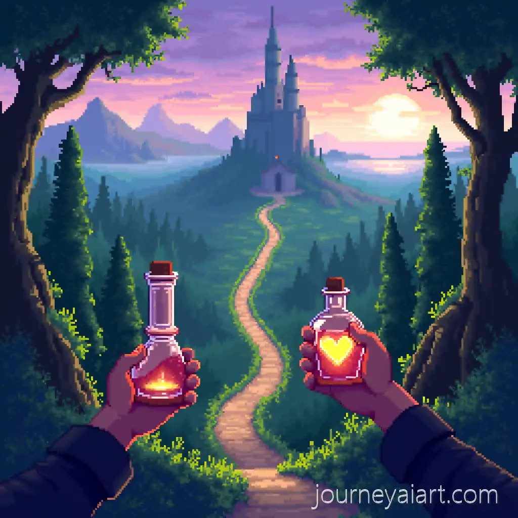 FirstPerson-PixelAI-Image-Prompt-Expansion-Art-Adventure-with-Glass-Bong-and-Glowing-Potion-in-Mystical-Forest