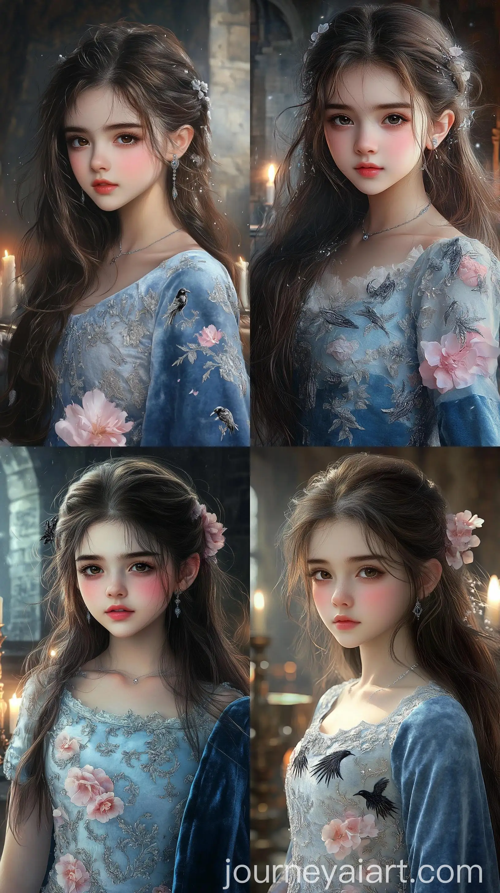 Medieval-Princess-in-Sky-Blue-Velvet-Dress-with-Raven-Embroideries