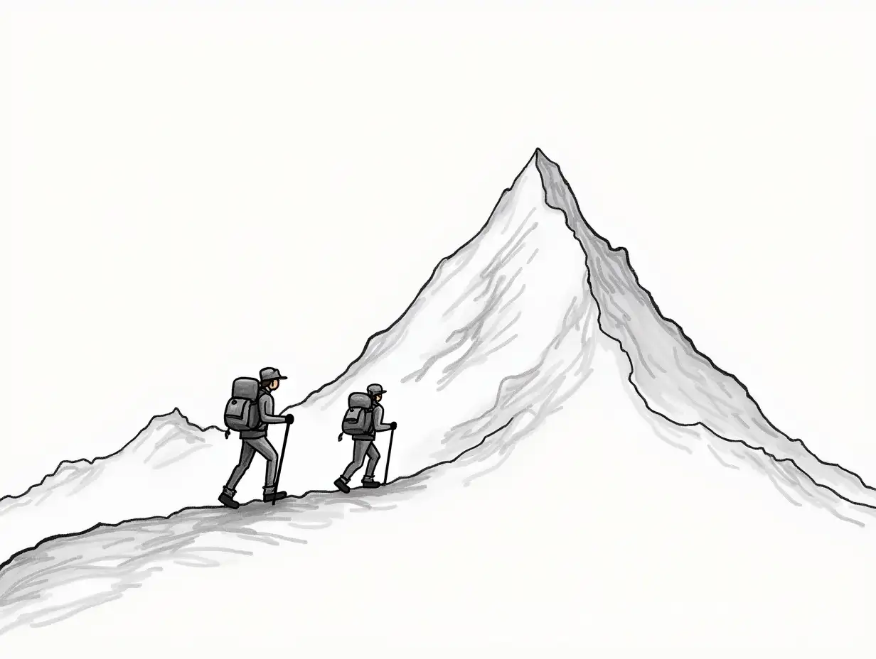 Two-Hikers-Reaching-Mountain-Peak-in-Simple-Line-Drawing