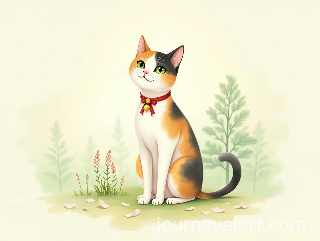 Serene-Calico-Cat-in-a-Misty-Forest-with-Elegant-Posture-and-Gentle-Backlighting