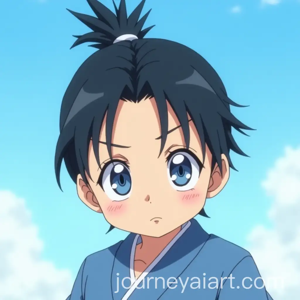 Serious-Young-Boy-in-Blue-Yukata-with-BraidedAI-Art-Prompt-Expansion-Hair-in-Anime-Style