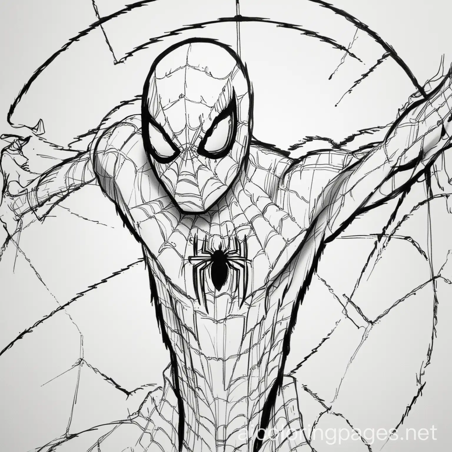 spider man, Coloring Page, black and white, line art, white background, Simplicity, Ample White Space. The background of the coloring page is plain white to make it easy for young children to color within the lines. The outlines of all the subjects are easy to distinguish, making it simple for kids to color without too much difficulty
