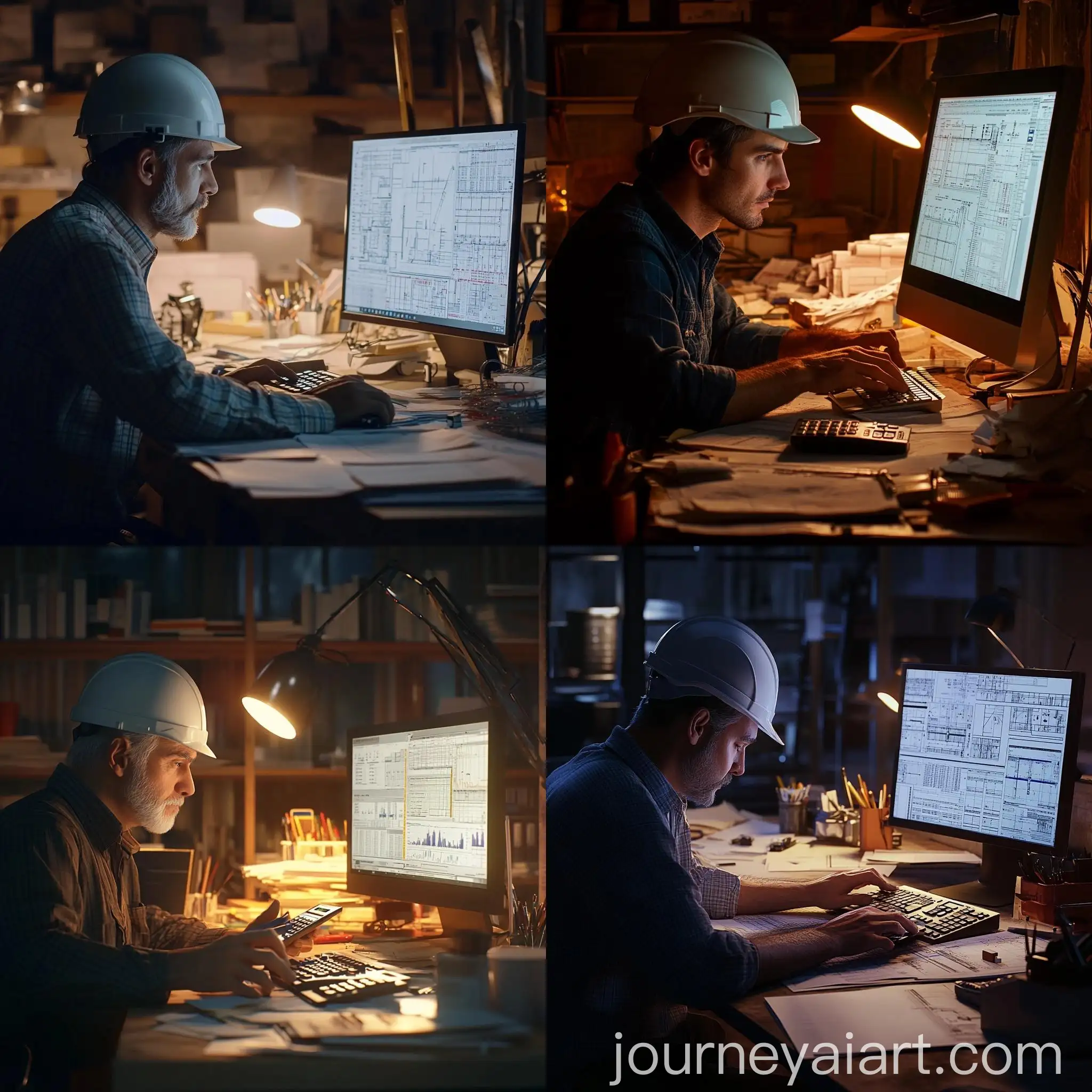 Detailed-Engineer-at-Cluttered-Desk-with-AutoCAD-Plans-and-Spreadsheet-Analysis