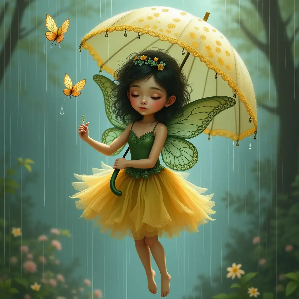 A whimsical fantasy digital painting depicts a young fairy floating gently in the rain, holding a transparent umbrella with soft green and yellow polka dots. The fairy has closed eyes and a serene expression, with a slightly melancholic look. She wears a forest green bodice with intricate lace details, transitioning into a yellow tutu dress with delicate ruffles at the edges. Her dark hair is adorned with small flowers, and she has fern-like green wings with intricate orange and black patterns, resembling butterfly wings. The fairy's skin appears dewy, reflecting the surrounding raindrops. The umbrella, made of transparent material with golden spots, is covered in raindrops of varying sizes, creating a subtle rainbow effect. To the left, two butterflies flutter near the fairy, with one appearing to hold onto the umbrella's handle. The background features blurred hints of trees and foliage in muted green and blue tones, suggesting a forest setting. Soft, diffused lighting enhances the ethereal mood, with gentle highlights illuminating parts of the fairy's body. The overall color palette includes forest green, amber yellow, light brown, sky blue, and pale pink, with high saturation and moderate contrast. The scene is enveloped in a dreamy, tranquil atmosphere, enhanced by the vertical streaks of rain and delicate details throughout the image.