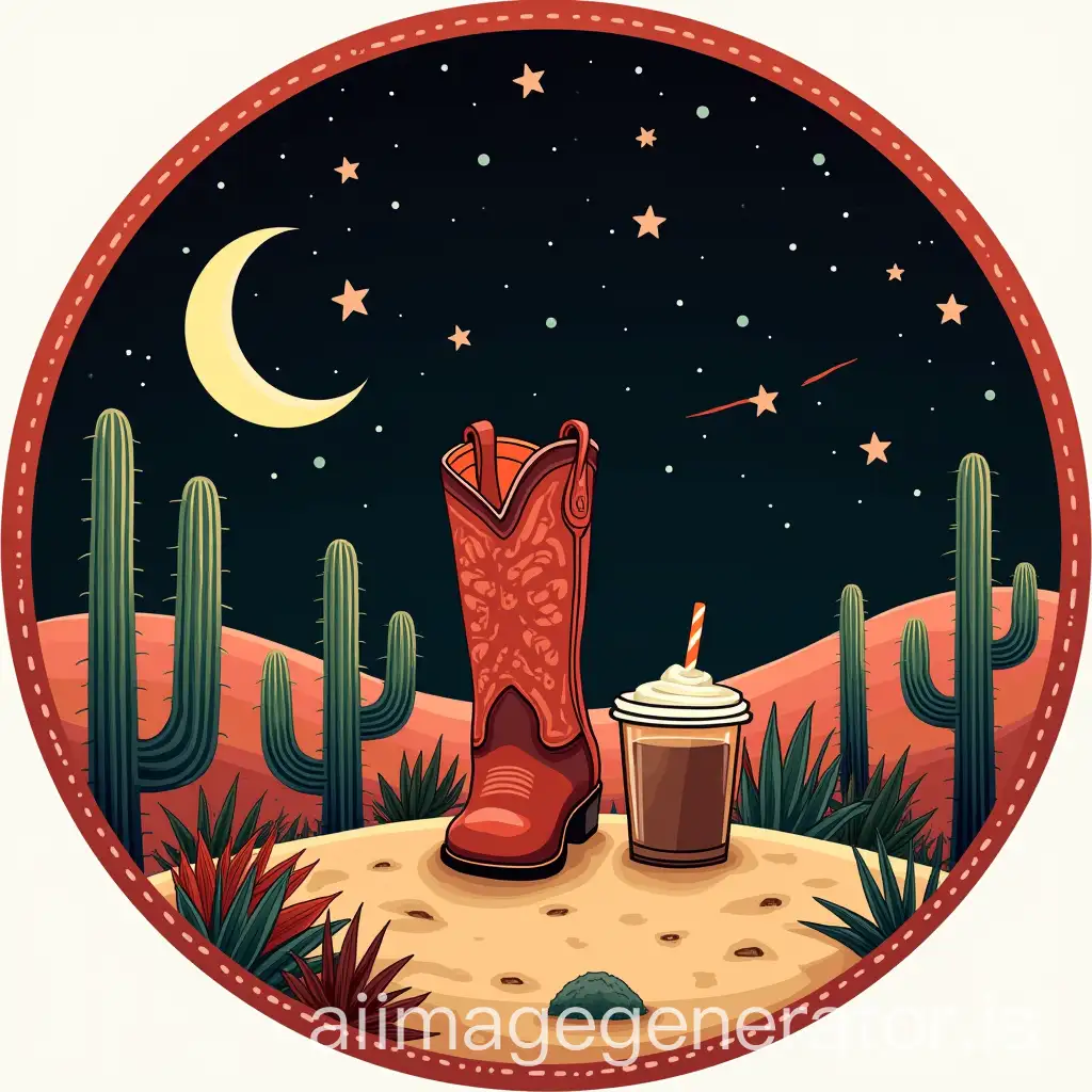 Generate an image of a reading bookmark: The shape of my bookmark is circular. The main colors are red and black. The theme of my bookmark is the desert. What we can see is a cowboy boot, an iced coffee, cacti, stars, shooting stars, and a sheriff's badge. The color of each element: the sky is midnight blue, and the sand is beige.