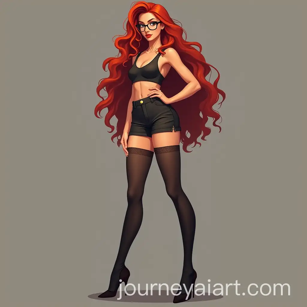 Young-Woman-with-Red-Wavy-Hair-Glasses-ThighHighAI-Art-Prompt-Expansion-Socks-and-Heels-in-Photorealistic-Style