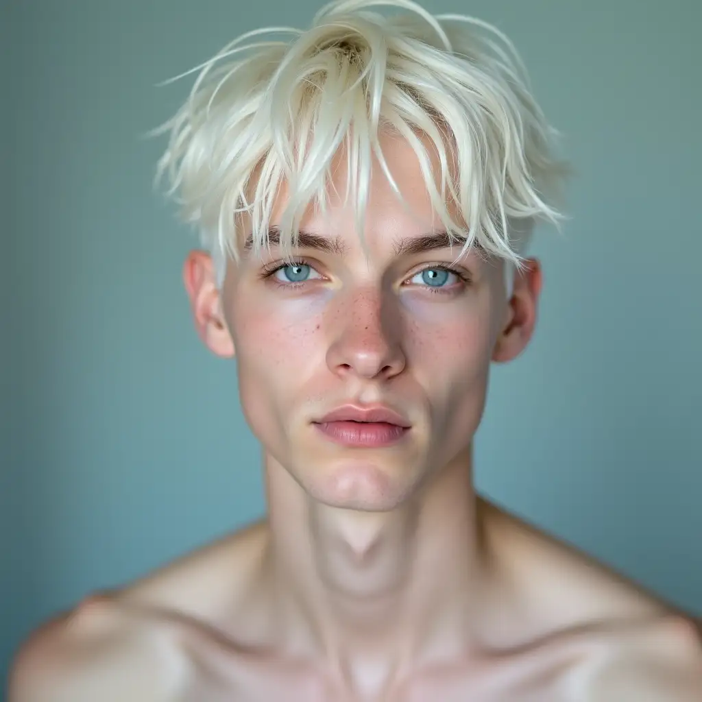 young handsome male, albino. Clear blue eyes, white hair. White skin. Naked chest. Photographic style. Realistic.