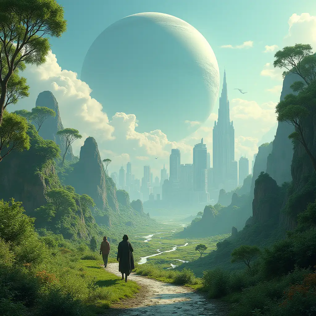 Alien-City-Commuters-on-Lush-Extraterrestrial-Landscape