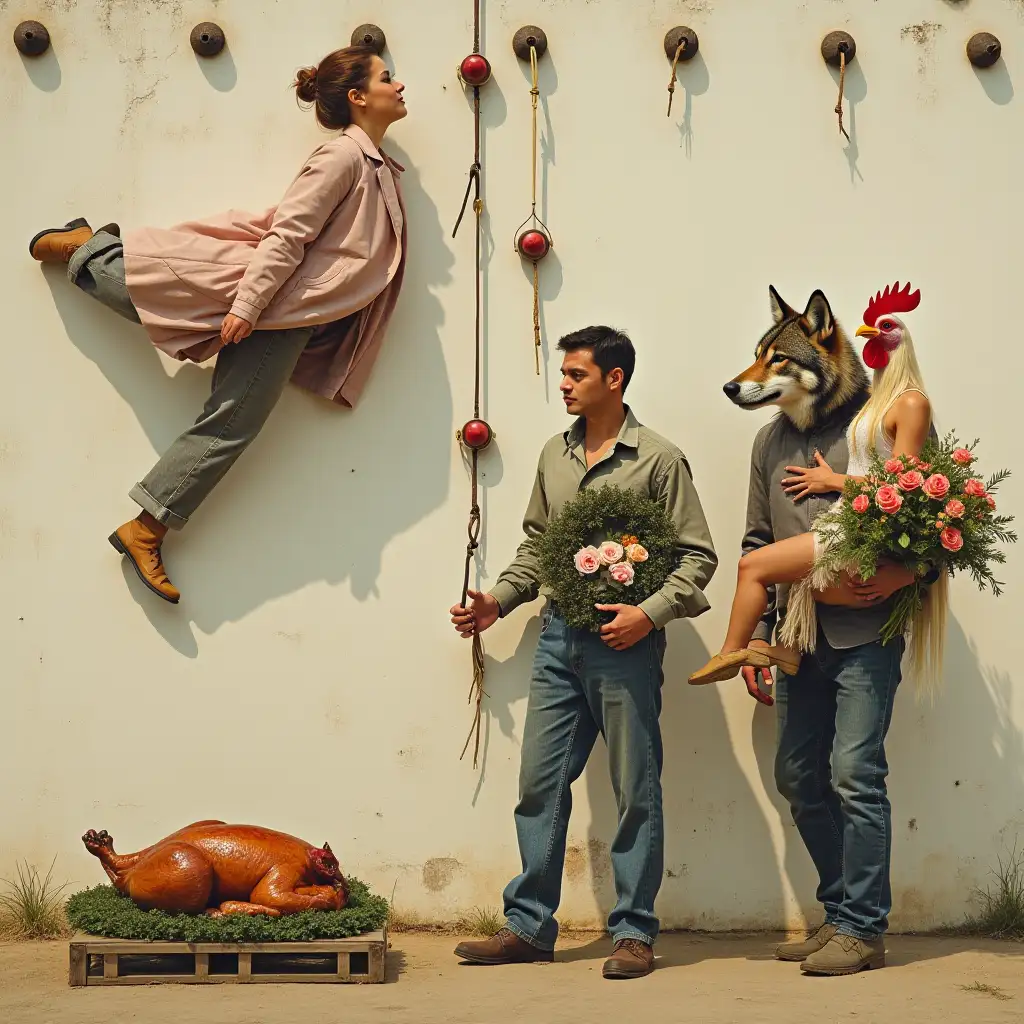 A woman is crawling on a wall with climbing equipment, there is a roasted duck and a wreath in front of her, a man with a bouquet of roses is standing next to her, and a man with the head of a wolf is walking behind them carrying a woman with the head of a chicken