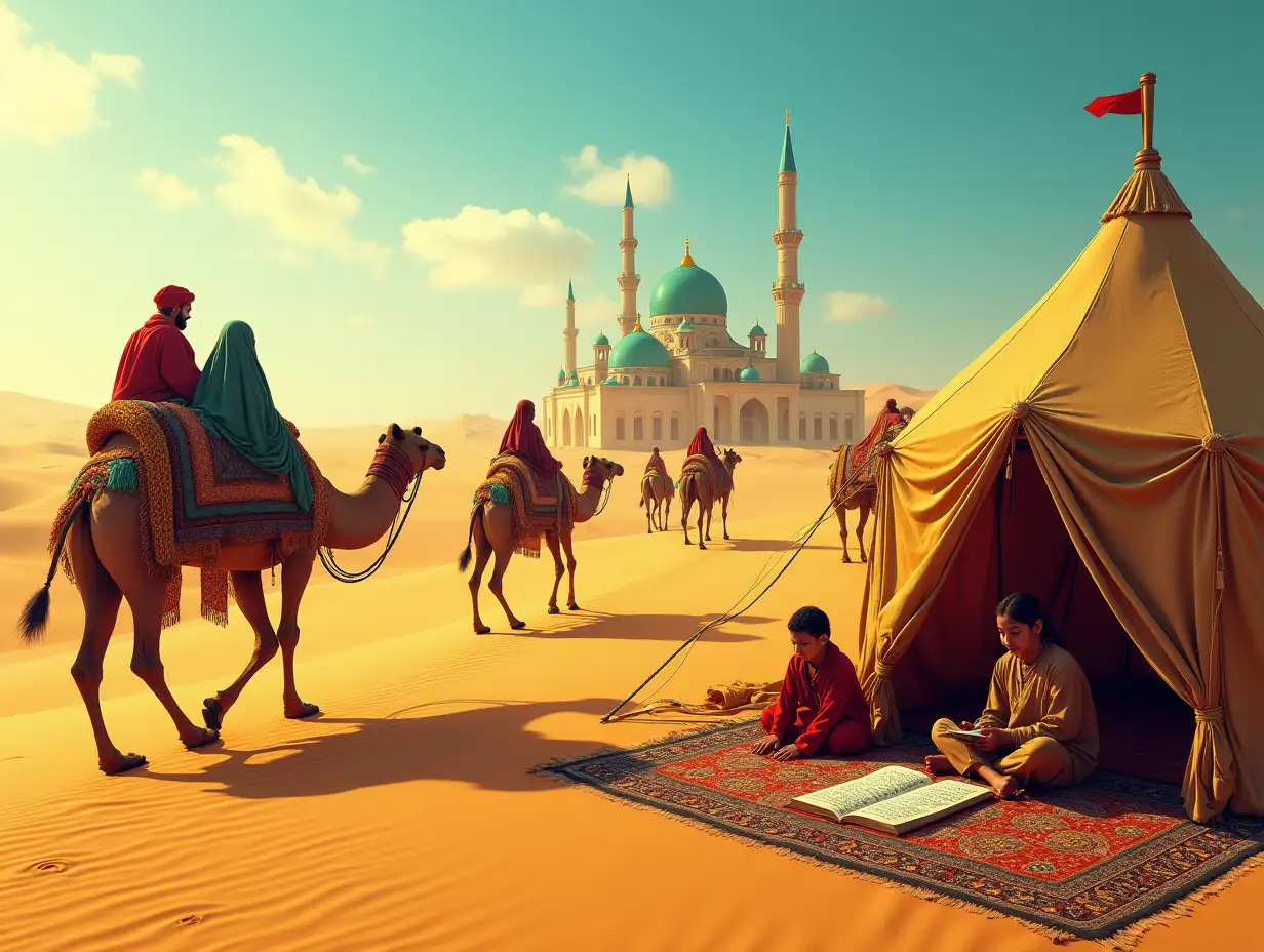 Crane shot of the Silk Road, vibrant trade caravans with colorful fabrics and camels, turquoise minarets of Persian-style mosques in the distant desert, children sitting under a tent reading a Persian book written in Chinese calligraphy, rich golden-yellow color palette with bright blue sky, cinematic lighting, historical accuracy, cultural fusion of Iran and China, ultra-detailed textures, desert dunes with shadow contrasts --ar 16:9 --v 6 --style raw ### **Additional Tips:** - Use `--chaos 25` for dynamic caravan compositions. - Add `--stylize 1200` to enhance the golden-hour glow