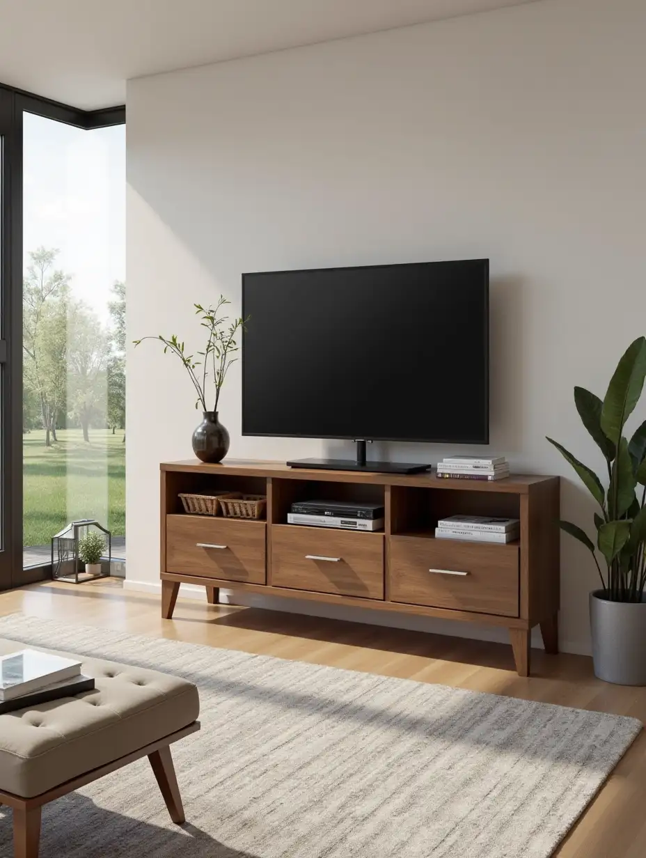 Brown color tv console in living room