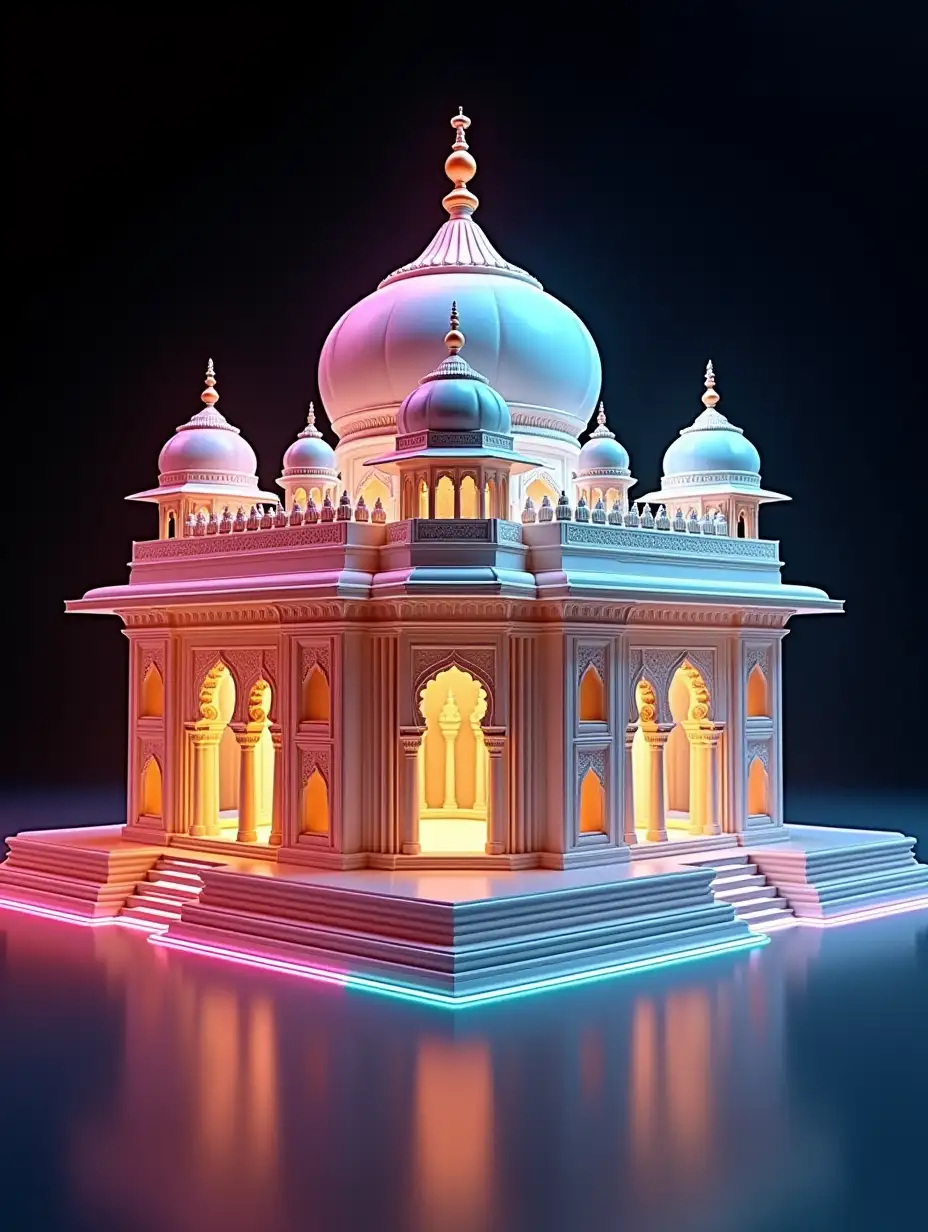 A majestic temple with intricate architecture, inspired by traditional Indian designs, featuring domes, arches, and ornate details. The temple is designed in a glassmorphism style, with semi-transparent frosted glass elements and glowing neon outlines in vibrant hues of gold, pink, blue, and green. The structure appears ethereal, with smooth, polished surfaces and subtle reflections that highlight its grandeur. The background is a deep, dark black, creating a striking contrast and allowing the glowing neon edges and frosted glass effect to stand out beautifully. Highly detailed, artistic, eye-catching, very attractive, 128k uhd