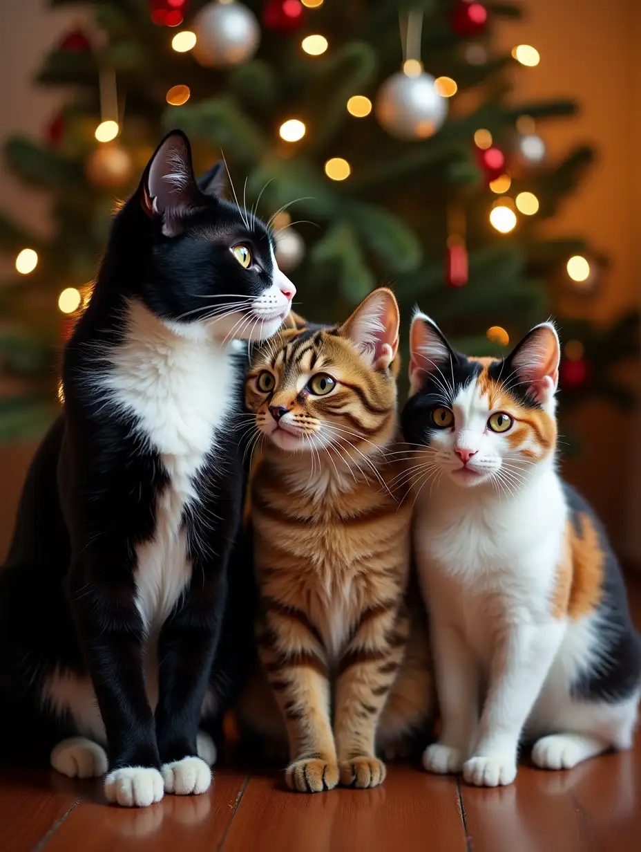 3 big cats a tuxedo, a brown Maine coon and an orange, black and white calico a christmas picture