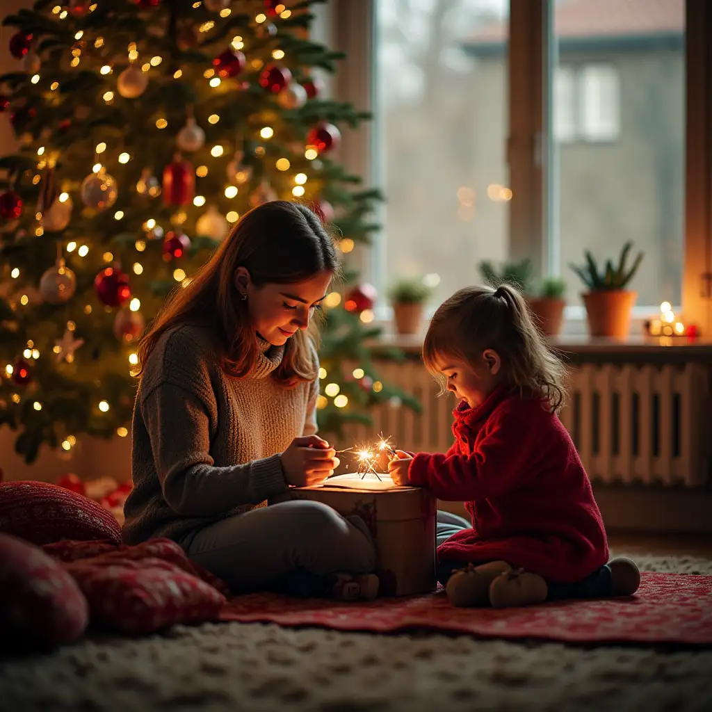 Teacher and children near the Christmas tree