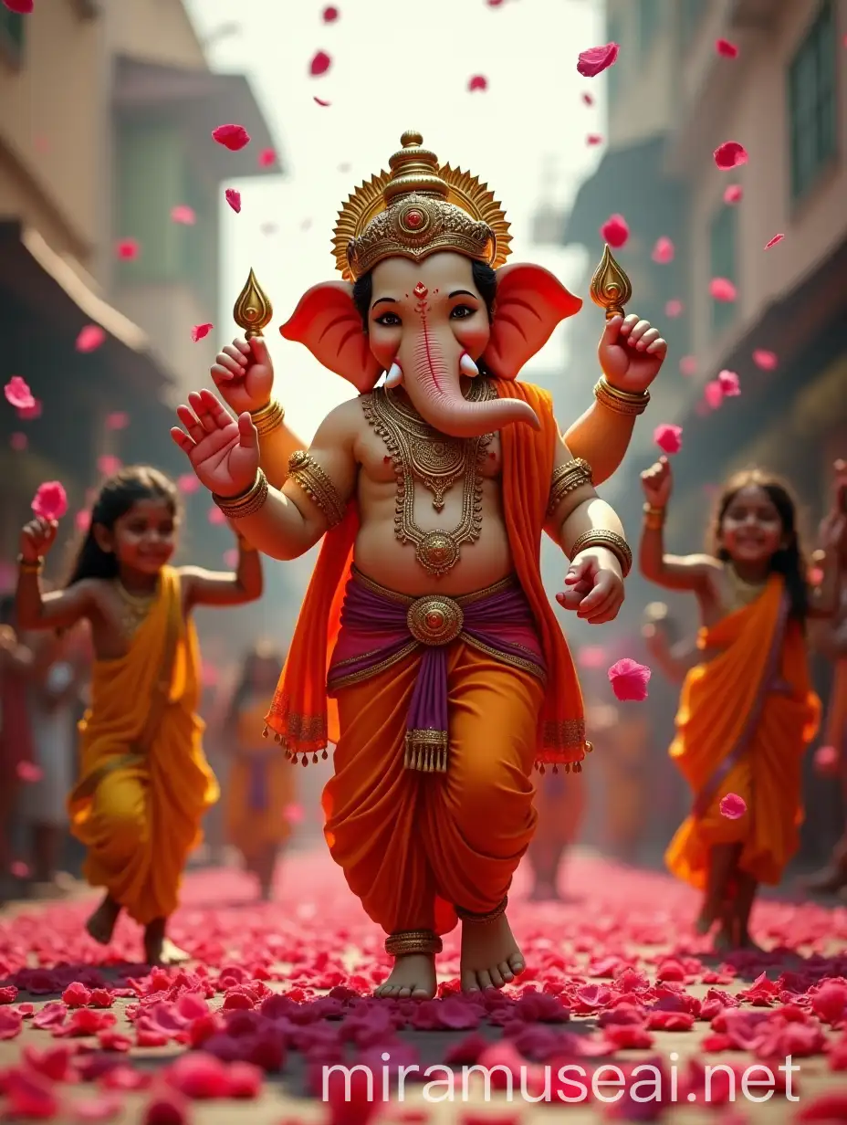 Hyper Realistic AI Image of Lord Ganesha Dancing with Indian Kids in a Festival Showered with Rose Petals