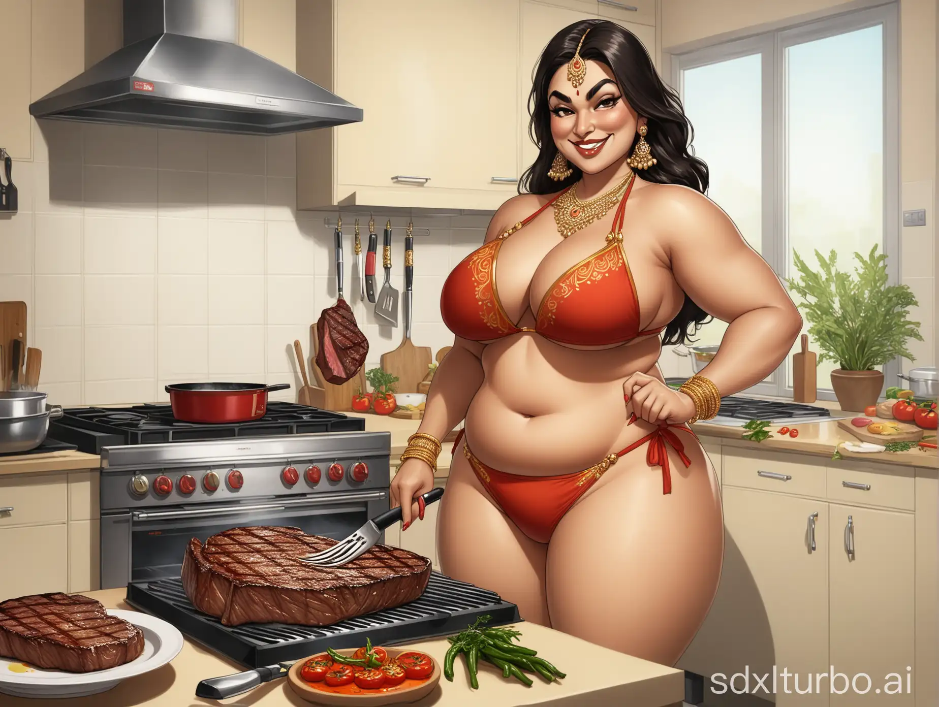 Indian-Woman-in-Bikini-and-High-Heels-Cooking-Steak-in-a-Spacious-Kitchen