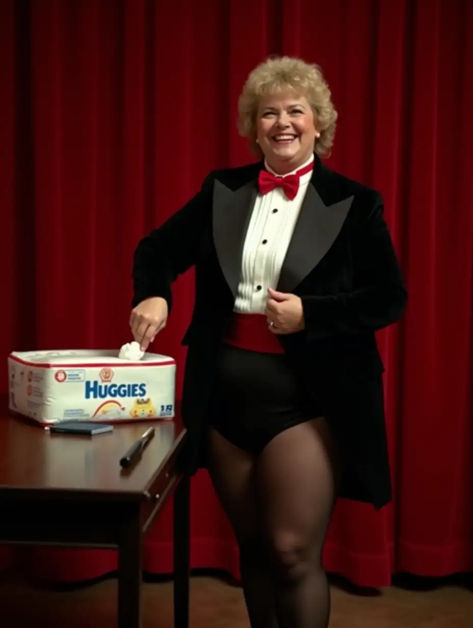 MiddleAged-Caucasian-Woman-in-Formal-Tuxedo-Pulling-Diaper-from-Package-on-Stage