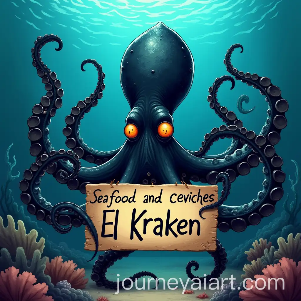 Friendly-Black-Octopus-Holding-Seafood-and-Ceviche-Sign-at-the-Bottom-of-the-Sea