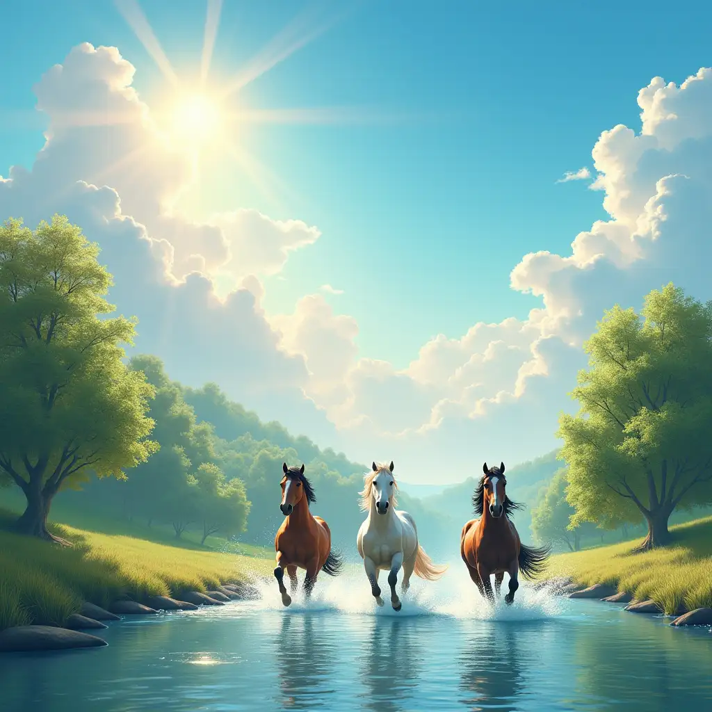 Three-Horses-Galloping-Through-a-River-Under-a-Bright-Blue-Sky