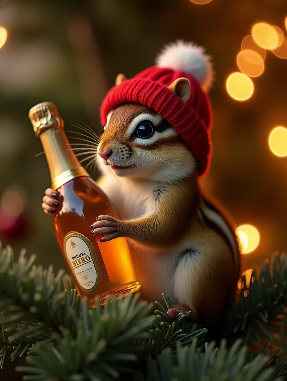 a chipmunk baby in a christmas tree, he wears a red hat with a white pompom, on a branch he holds an uncorked bottle of champagne in his left hand and a glass of champagne in his right hand. The interior lighting is warm, the scene is in profile with breathtaking details like a realistic high-precision, high-definition, very detailed photography