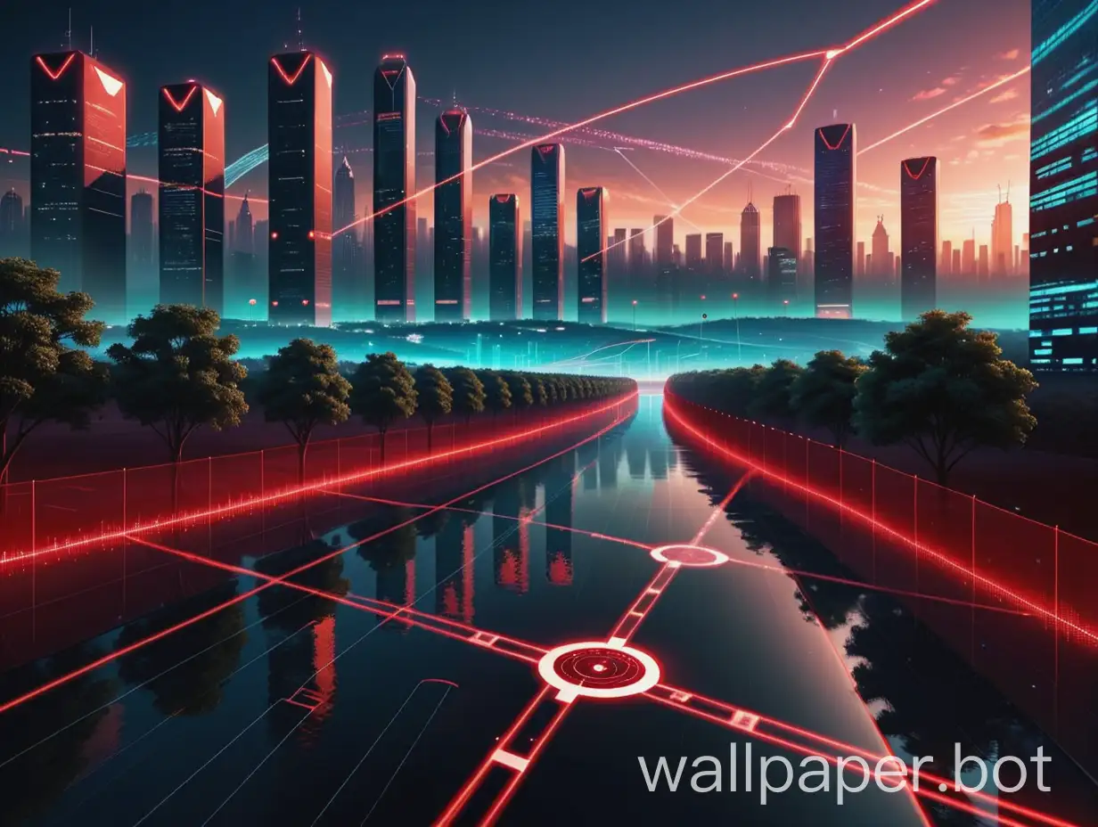 professional, realistic landscape wallpaper with a modern city skyline at dawn, subtly enhanced by cybersecurity elements. Red glowing lines, representing data flow, pulse through the ground and sky, while digital locks and encryption symbols are integrated into buildings and the landscape, symbolizing secure networks. Threats are visually depicted through dark, shadowy malware-like shapes lurking in the background, contrasted by bright red team elements such as glowing shields and network defense barriers. Circuitry and firewall motifs blend into the natural scenery, creating a sense of vigilance and control in a world of hidden cyber threats