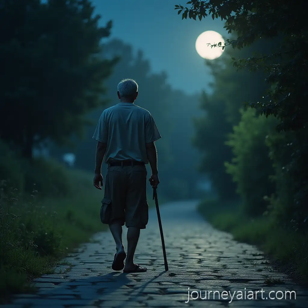 MiddleAgedMiddleaged-man-walking-Man-Walking-on-Moonlit-Stone-Road-with-Lush-Trees