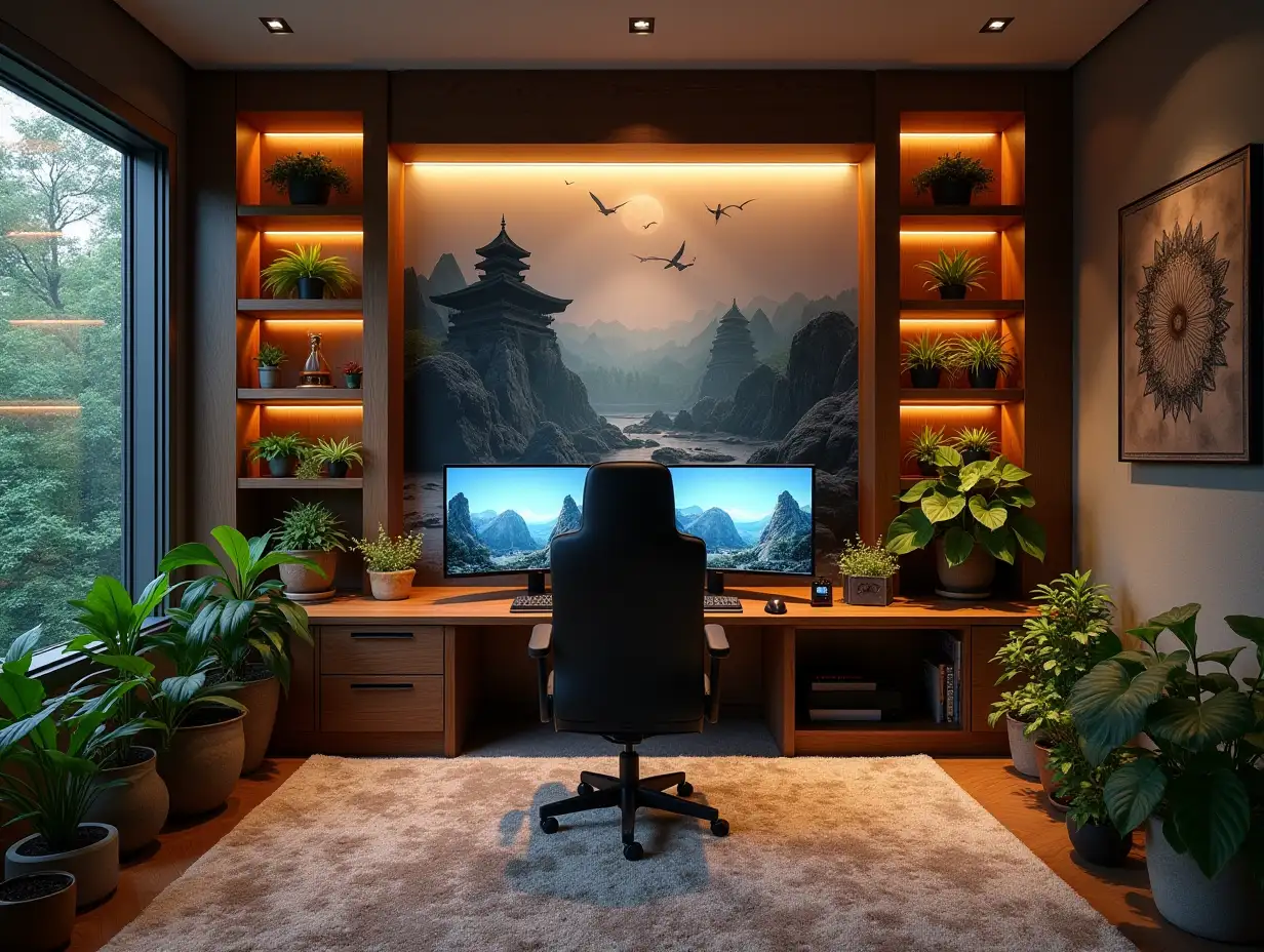 Gaming-Zimmer mit drei Monitoren hinten Regalen mit Teppich ,Beleuchtung mit Möblierung sehr vielen hängepflanzen Pflanzen with Attack on Titan Bild an der Wand Zen-Garten mit sorgfältig gepflegten Felsen, a meditative 180 Grad Aufnahmen 8K-Auflösung Farbenfroh