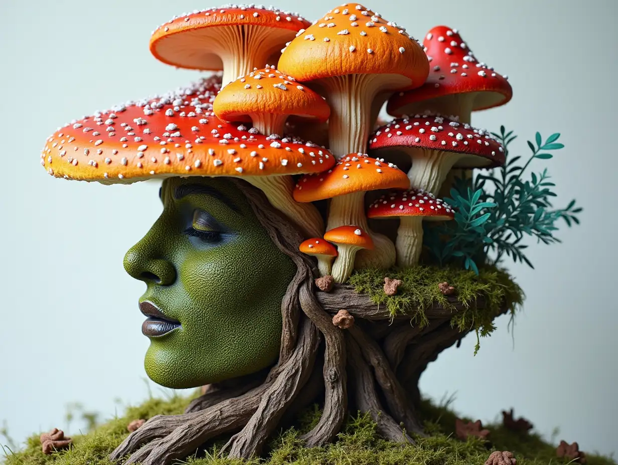 Face transformed into building with colorful mushroom roots