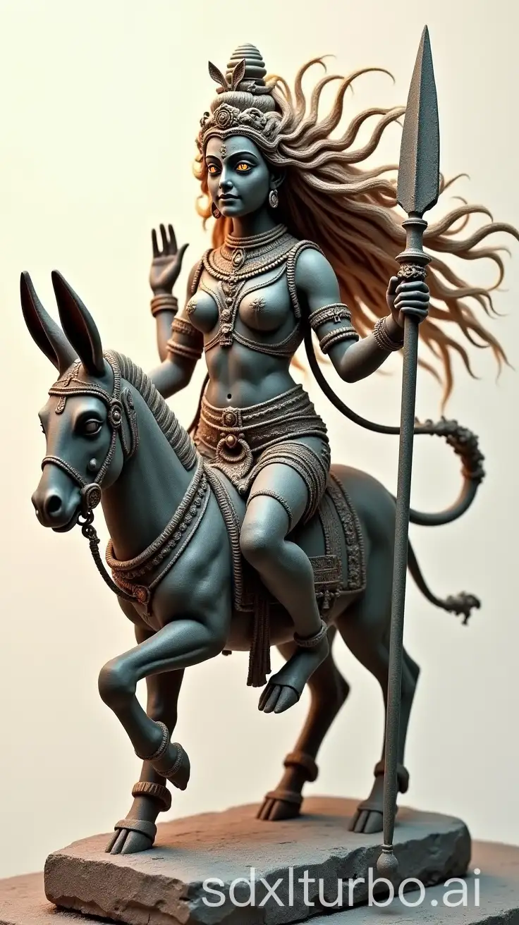 Indian goddess Kalaratri Dark-skinned goddess with wild hair, fiery aura, riding a donkey. She holds a sword and trident, wearing a skull garland, eyes glowing with fierce intensity, soft white background, godly background in rare temple. white stone statue