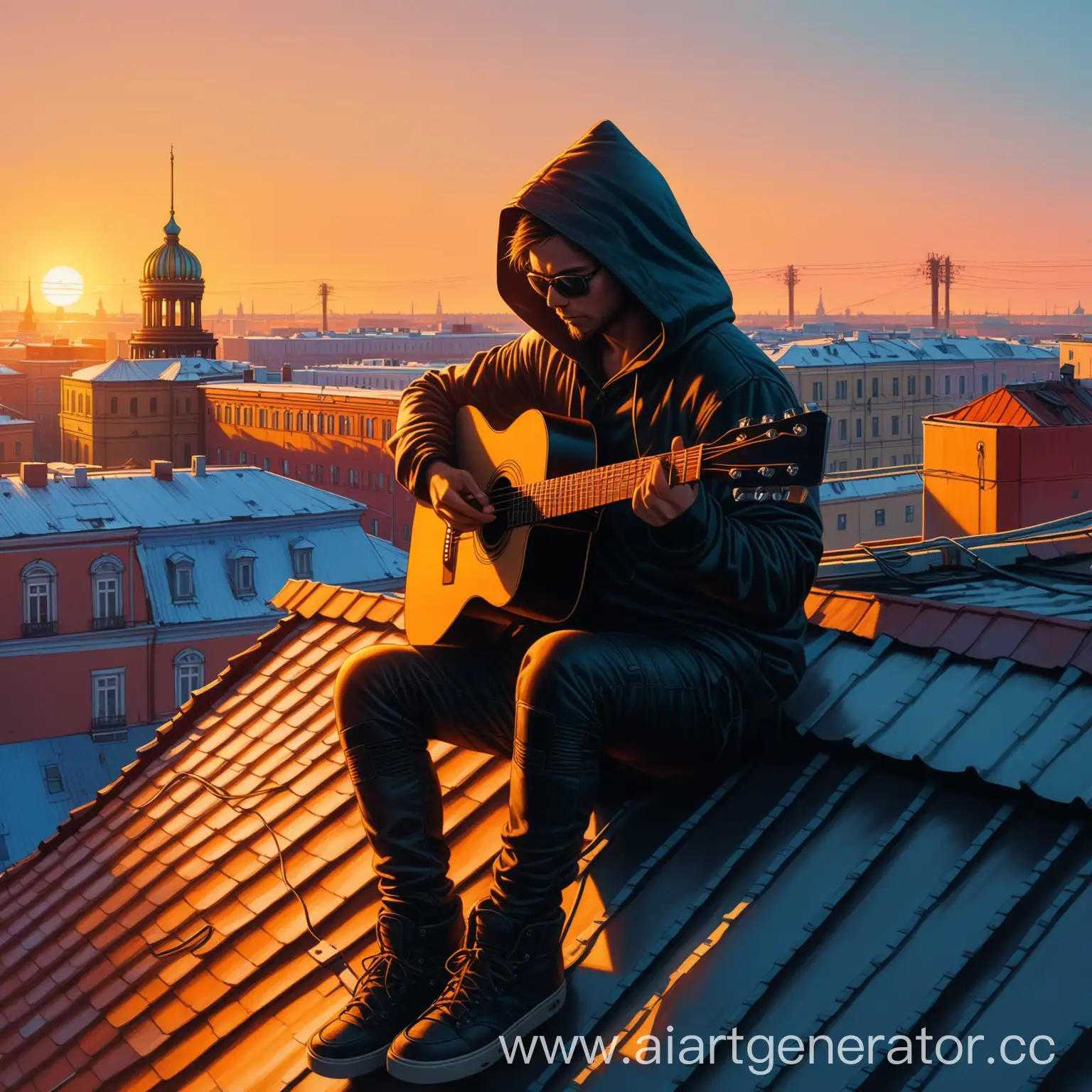 Hooded-Person-Playing-Guitar-on-Saint-Petersburg-Rooftop-at-Autumn-Sunset