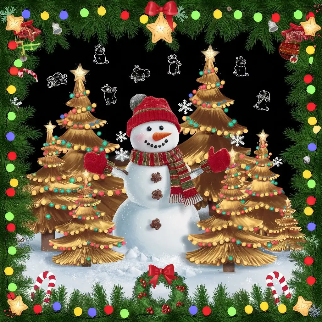 Cheerful-Snowman-Surrounded-by-Golden-Christmas-Trees