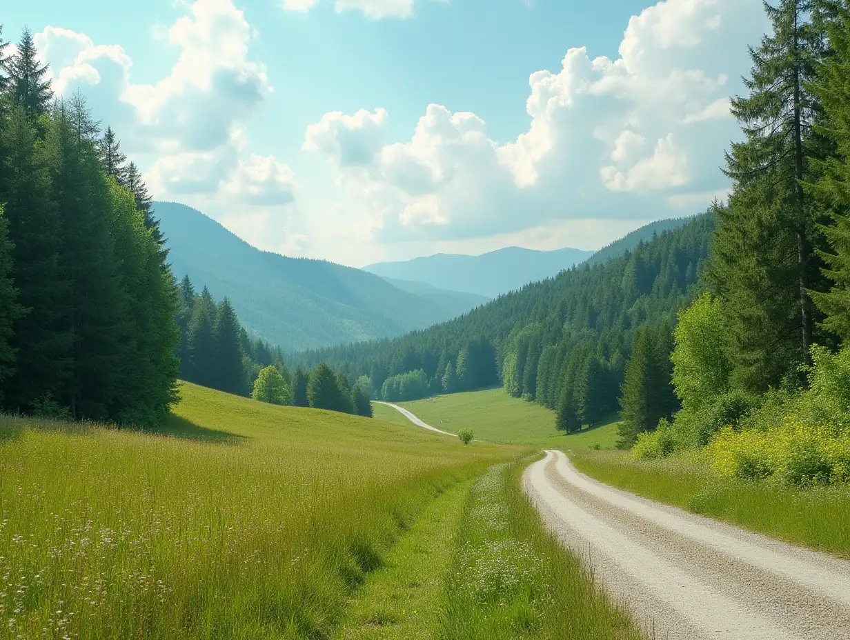 Landscape in summer with meadows, forest and trees beside a road