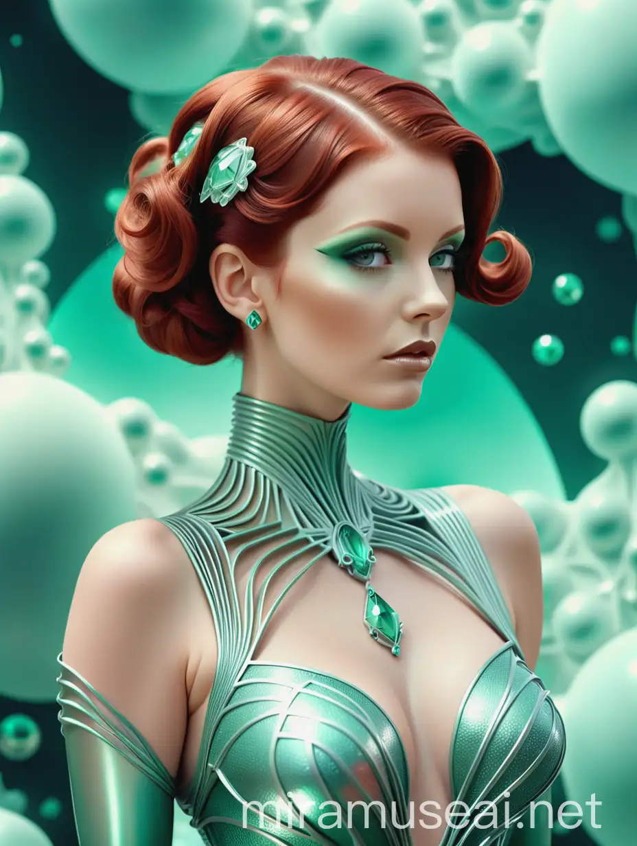 Surreal Artdeco Lady in Seagreen Latex Catsuit and Silver Jewelry