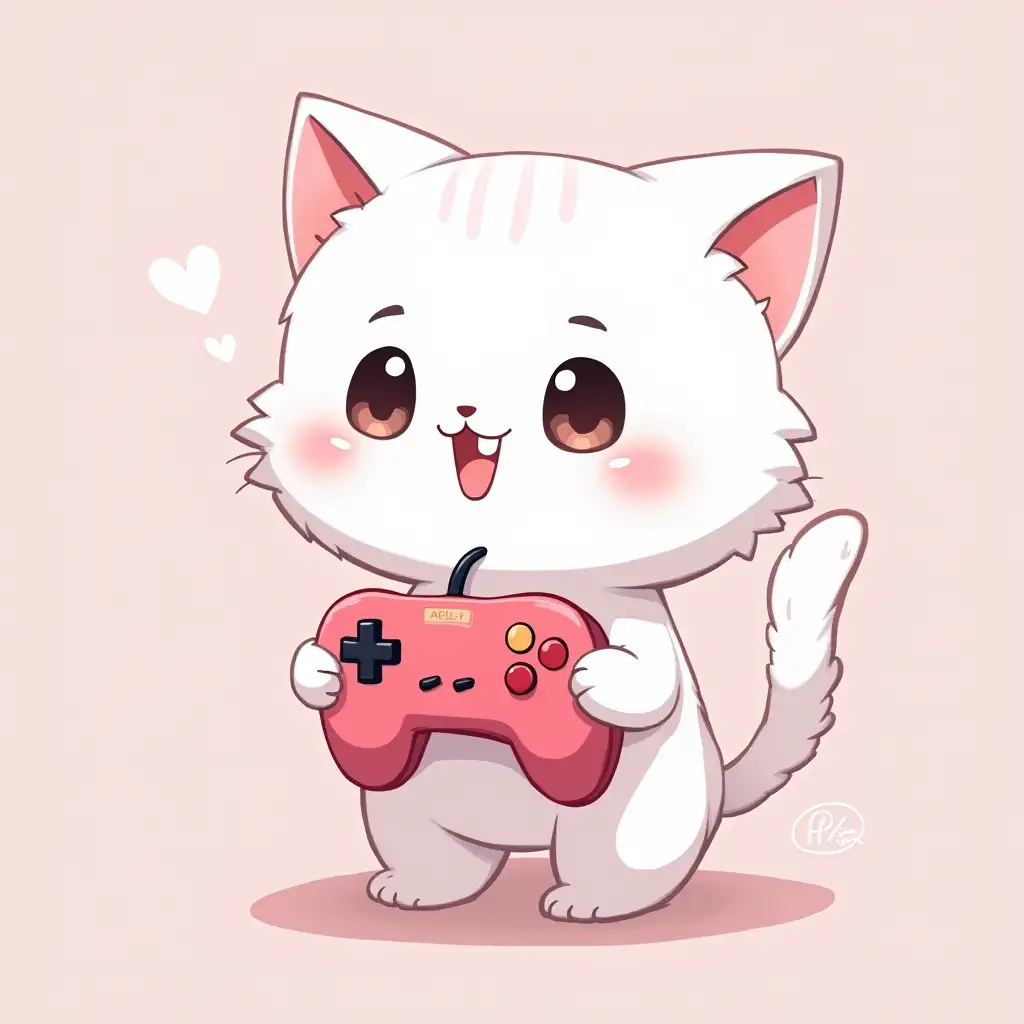 Anime style cute white cat holding a pink joystick