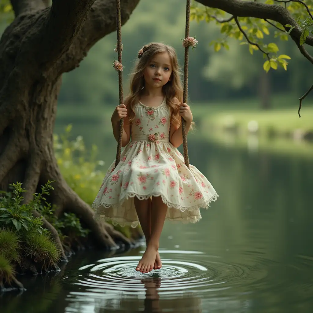 Young-Woman-Swinging-Over-Pond-in-Elegant-Dress-HyperRealistic-Photography