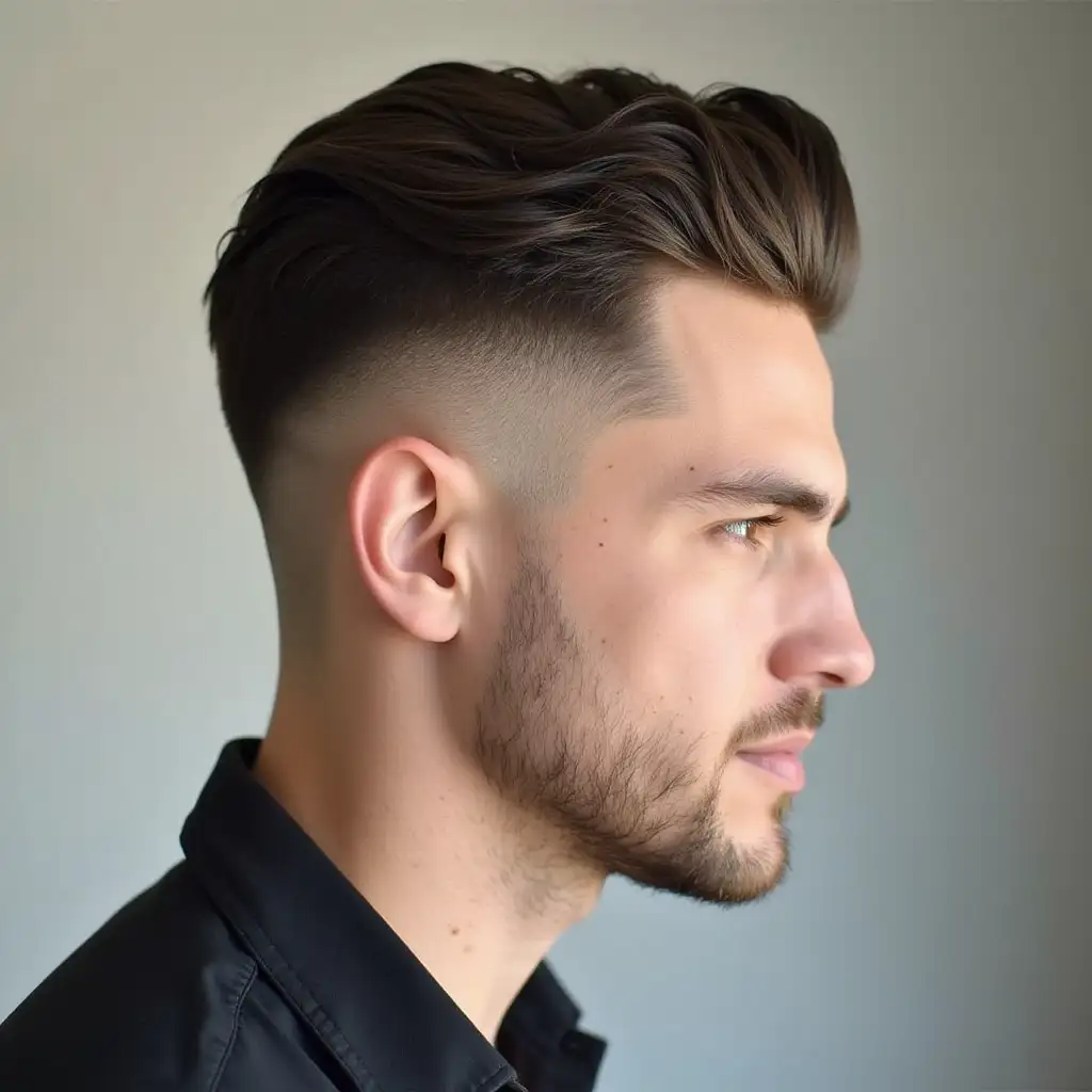 Men's hairstyle, top 10 cm long, combed back, sides top middle part and bottom short