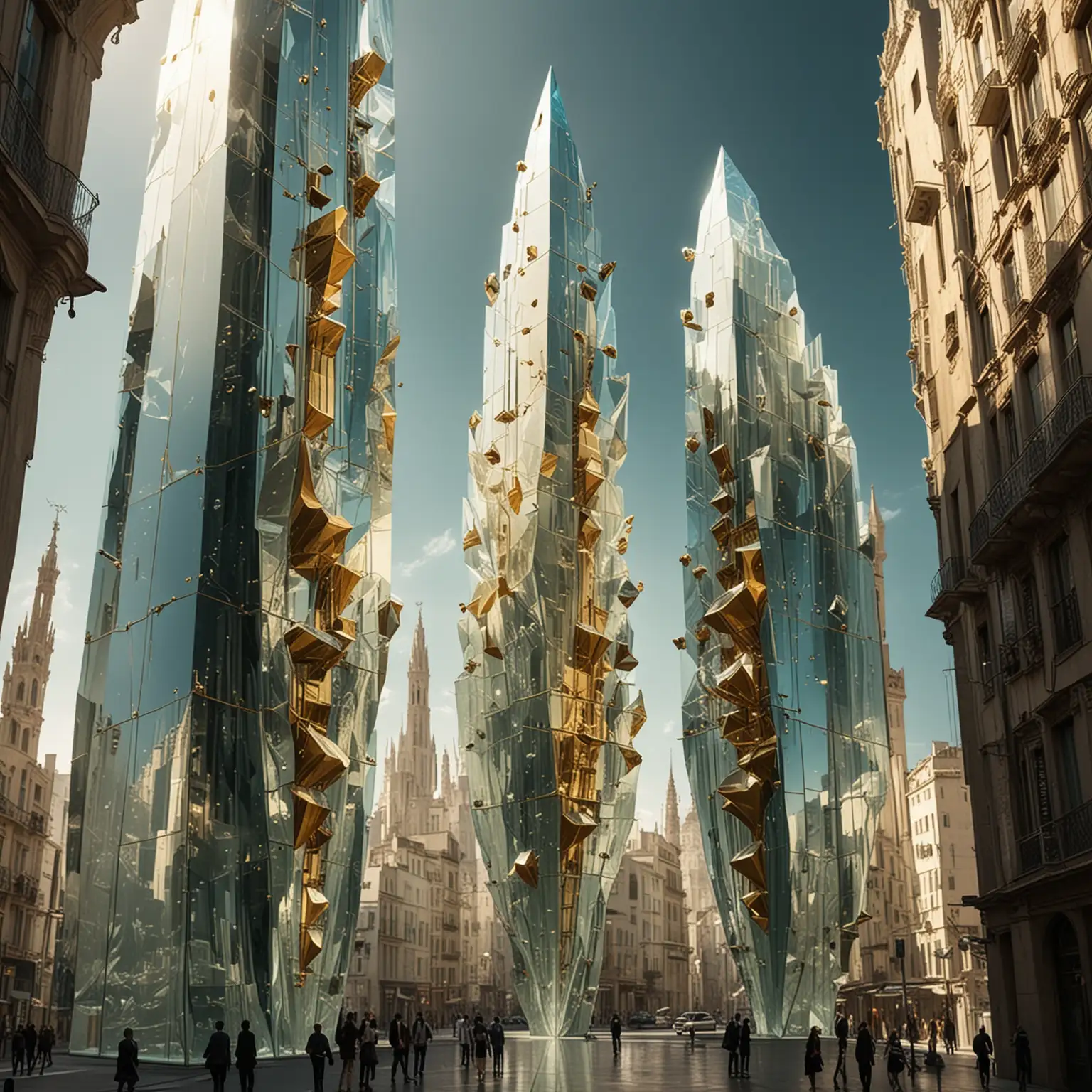 A levitating crystal skyscrapers in the style of Salvador Dalí, hovering above an abyss. Facades made of transparent glass with gold threads and holographic panels. Metallic columns twist into unexpected shapes. The interior is filled with reflections and shimmering light, creating a dreamlike atmosphere.
В центре Москвы, 