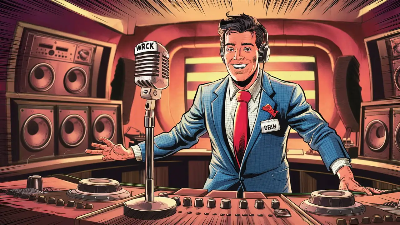 Vintage Comic Book Artwork of Radio Station DJ Dean at WRCK Studio