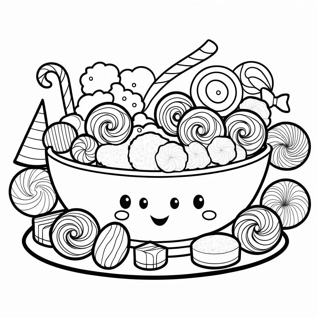 bold and easy cute candies with faces on a table coloring page, Coloring Page, black and white, line art, white background, Simplicity, Ample White Space. The background of the coloring page is plain white to make it easy for young children to color within the lines. The outlines of all the subjects are easy to distinguish, making it simple for kids to color without too much difficulty