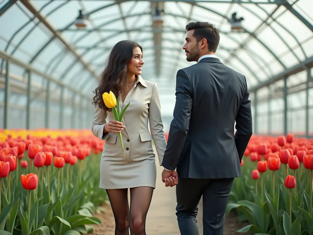 Tall-European-Couple-in-Wedding-Attire-Walking-Through-Greenhouse-with-Reflecting-Silver-Tulips