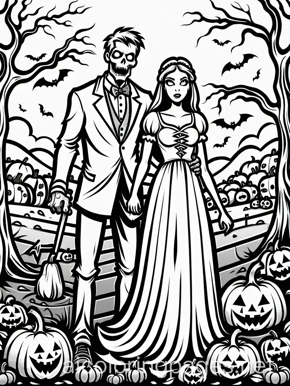 Eerie-Zombie-Couple-Surrounded-by-Halloween-Pumpkins-Coloring-Page