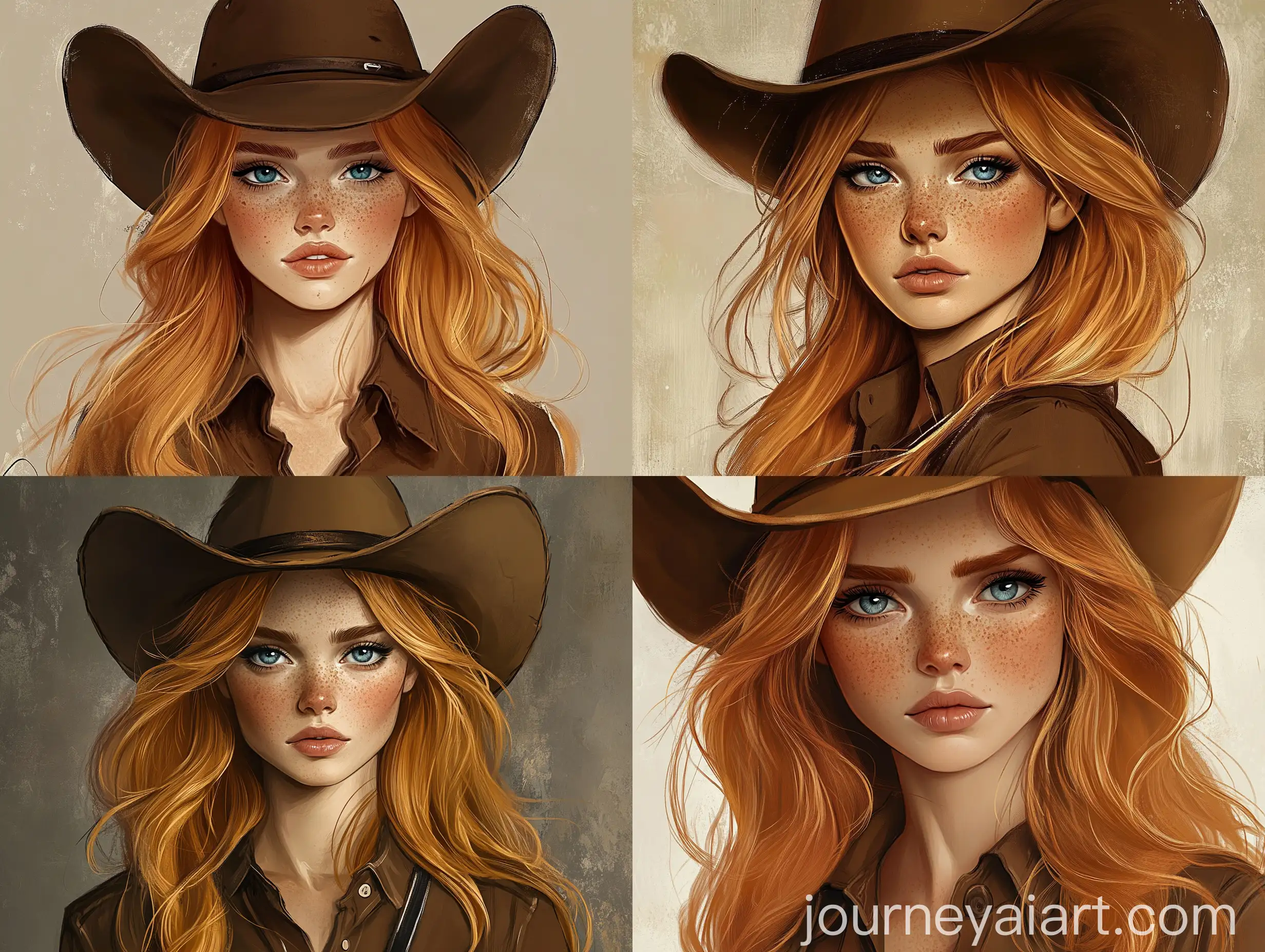 Serious-RedHaired-Cowgirl-with-Blue-Eyes-and-Freckles-in-Brown-Outfit