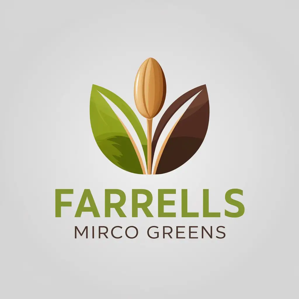 a vector logo design,with the text "Farrells Mirco Greens", main symbol:Create a modern, clean logo that features a representation of seeds as the central element. The seeds should be depicted in a natural, realistic style, emphasizing their role as the beginning of life and growth. The logo should use a vibrant green and dark brown color scheme to reflect nature and sustainability. The overall design should evoke a sense of potential and renewal, suitable for a brand focused on organic growth or agriculture,Minimalistic,be used in Restaurant industry,clear background